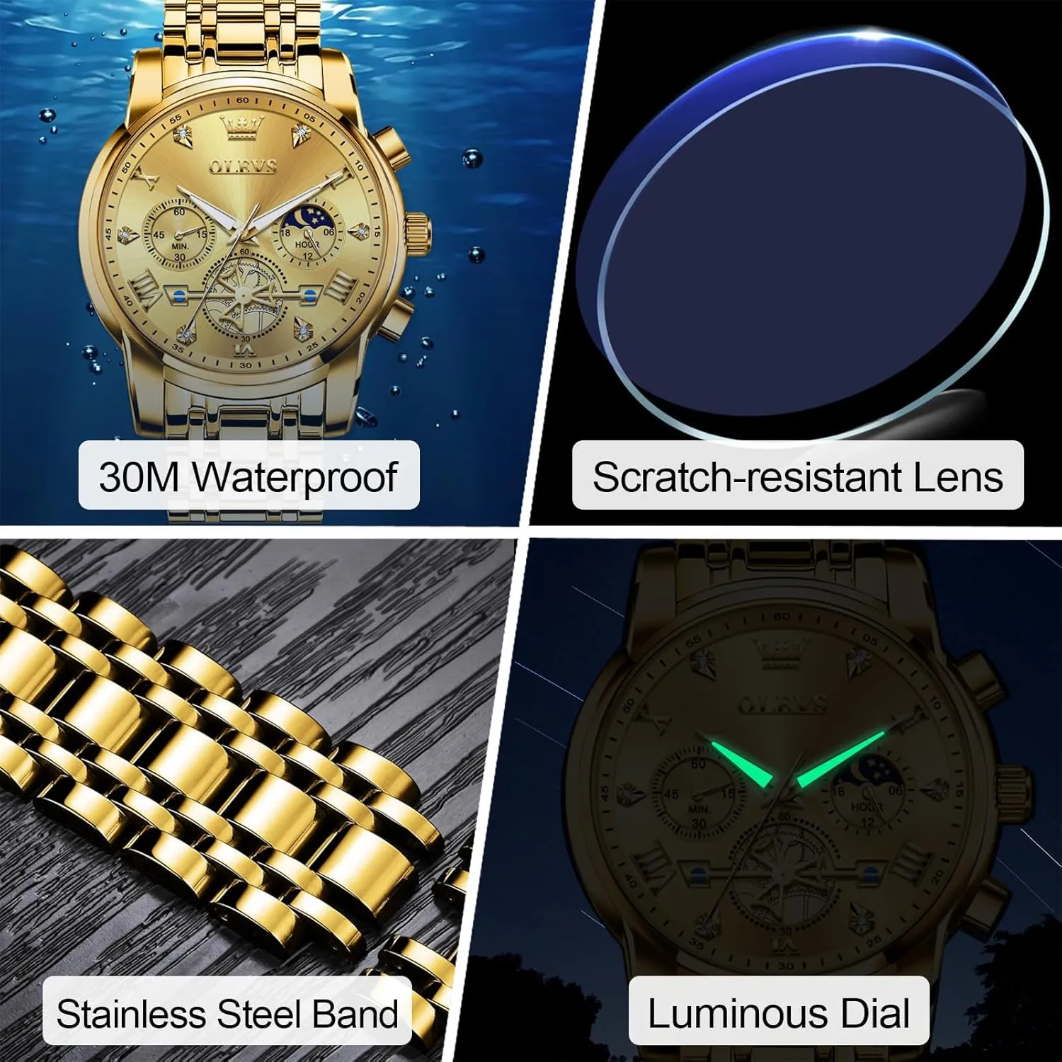 Watches for Men, Elegant Waterproof Luminous Male Quartz Wristwatch OLEVS Men's Stainless Steel Chronograph Watch, Large Face Easy to Read Roman wingspan caption seashore warp abstract Numerals Diamond Accented Analog Dress 
