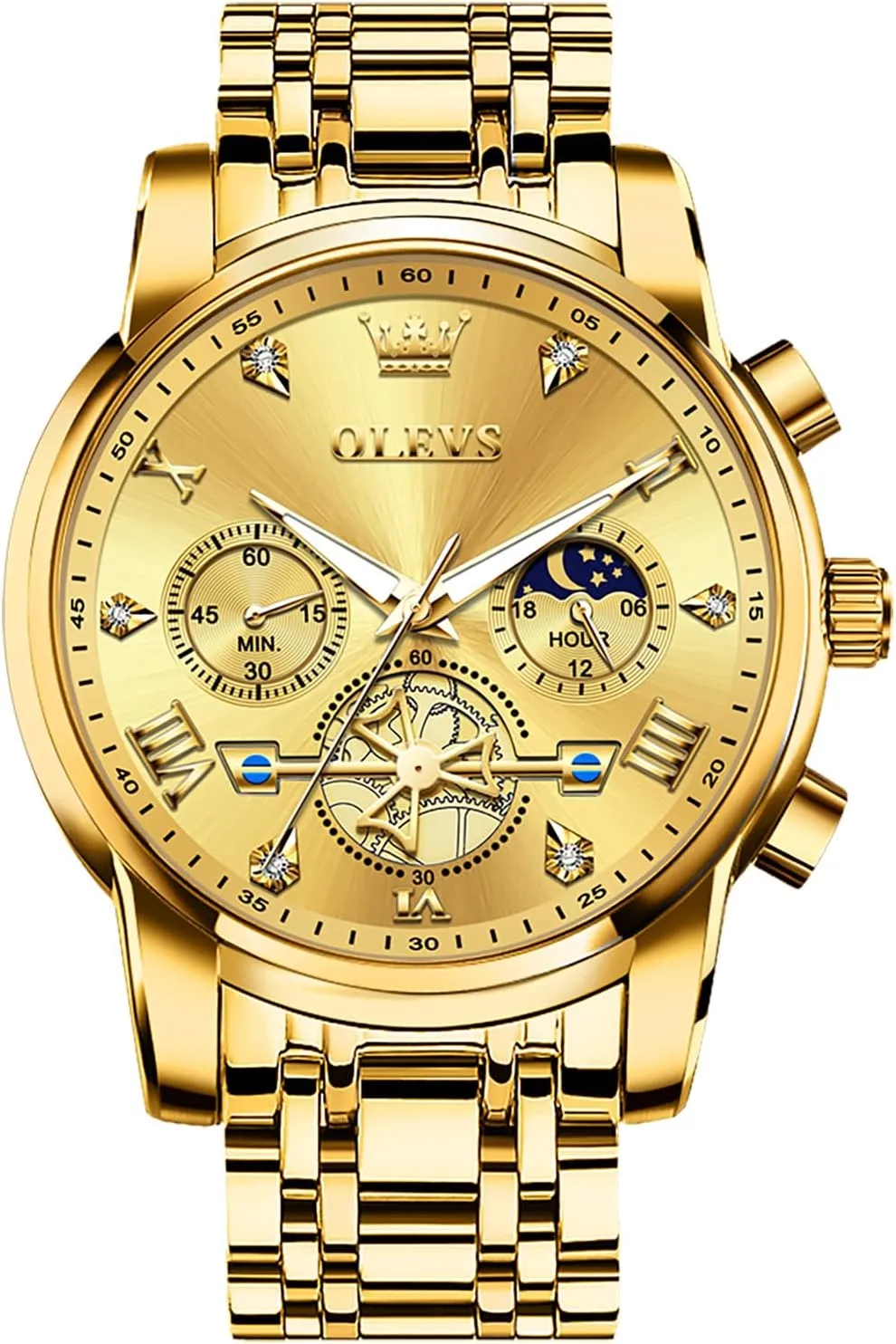 Watches for Men, Elegant Waterproof Luminous Male Quartz Wristwatch OLEVS Men's Stainless Steel Chronograph Watch, Large Face Easy to Read Roman wingspan caption seashore warp abstract Numerals Diamond Accented Analog Dress 