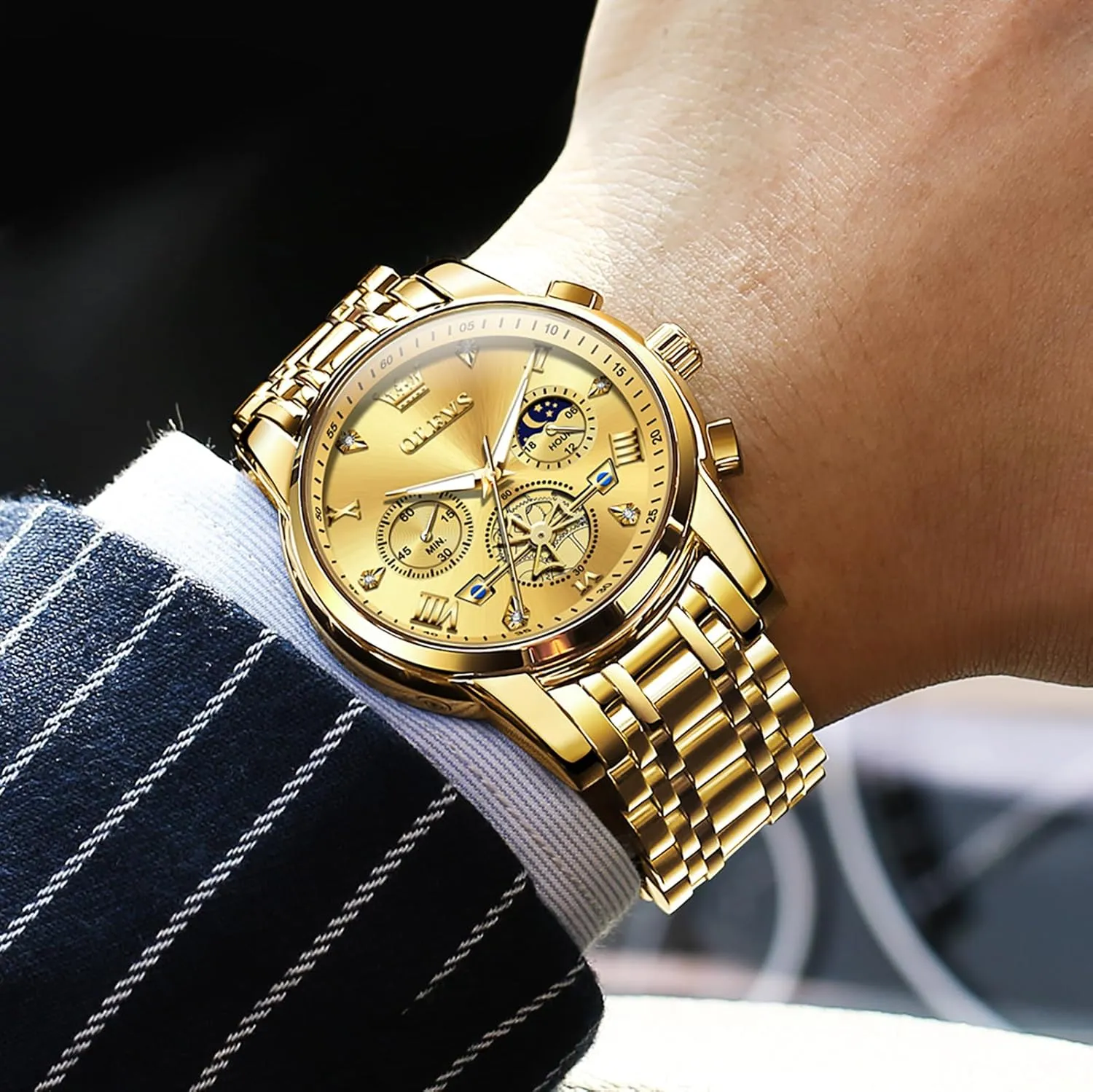Watches for Men, Elegant Waterproof Luminous Male Quartz Wristwatch OLEVS Men's Stainless Steel Chronograph Watch, Large Face Easy to Read Roman wingspan caption seashore warp abstract Numerals Diamond Accented Analog Dress 