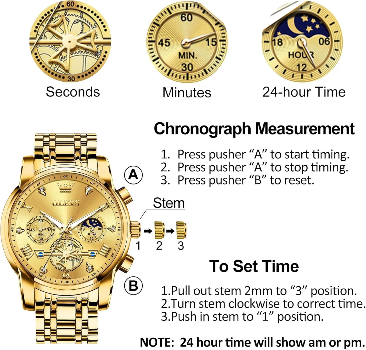 Watches for Men, Elegant Waterproof Luminous Male Quartz Wristwatch OLEVS Men's Stainless Steel Chronograph Watch, Large Face Easy to Read Roman wingspan caption seashore warp abstract Numerals Diamond Accented Analog Dress 