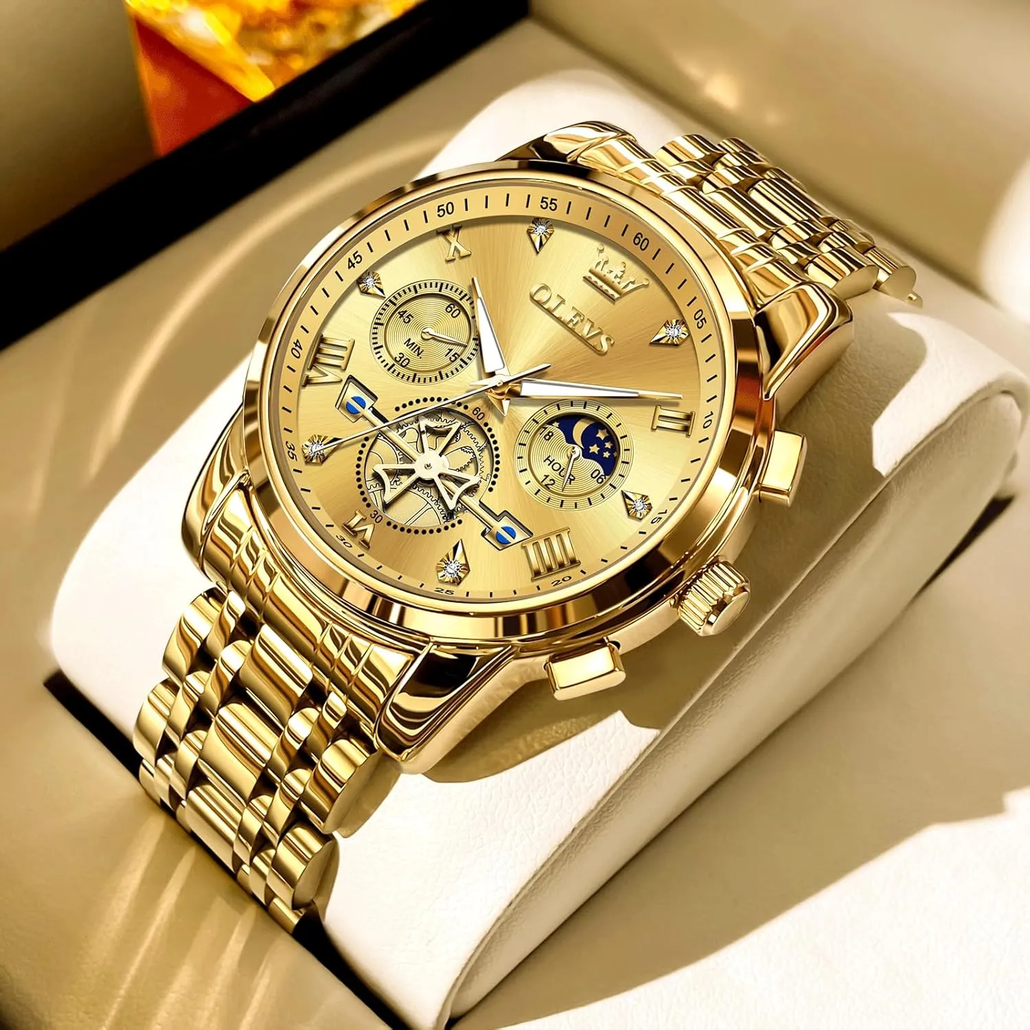 Watches for Men, Elegant Waterproof Luminous Male Quartz Wristwatch OLEVS Men's Stainless Steel Chronograph Watch, Large Face Easy to Read Roman wingspan caption seashore warp abstract Numerals Diamond Accented Analog Dress 