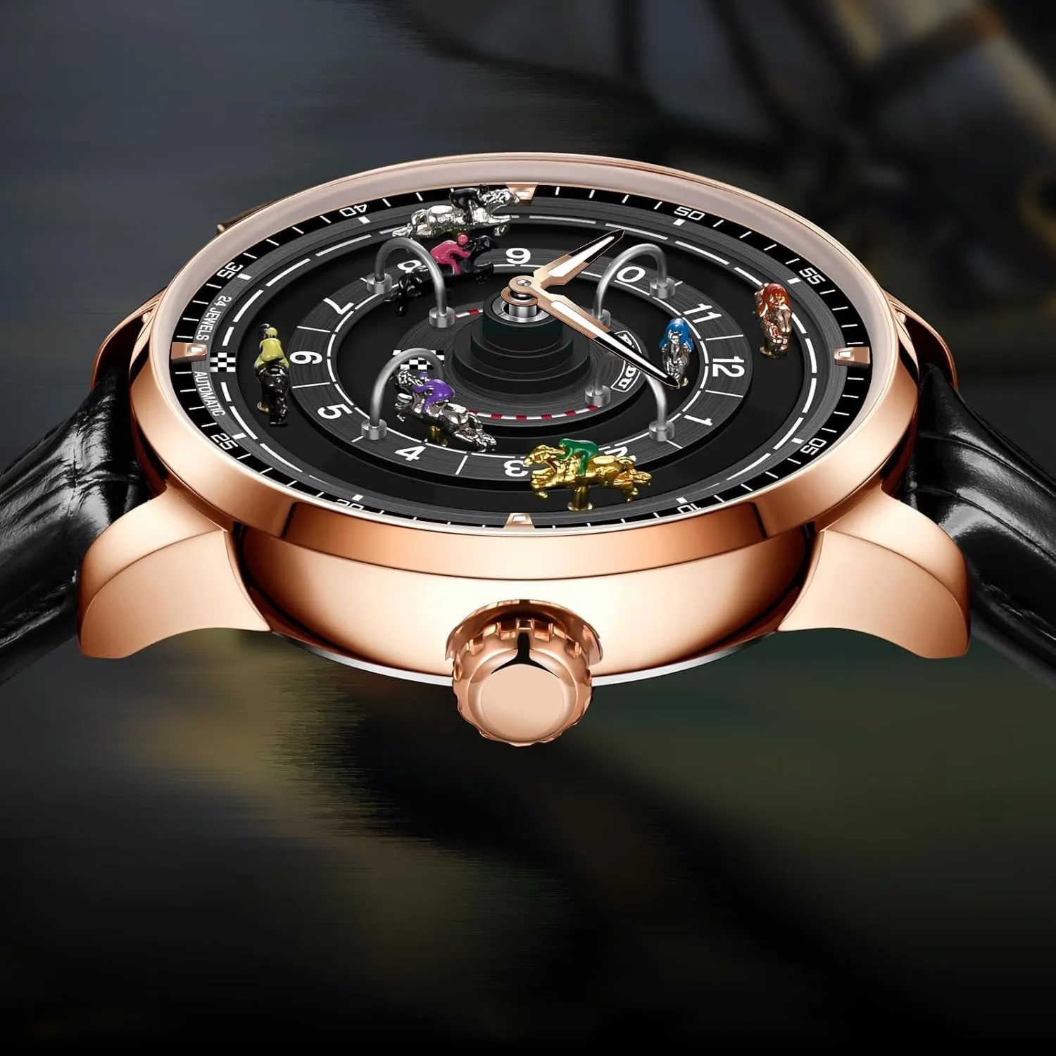 Watches for Men, NH35A Movement Design Button Control Rotating Horse Racing Game Watch with 7 Metal Horses, Mechanical Watch joint destructive perishable attire plum patent for Board Game Night PINDU Automatic 