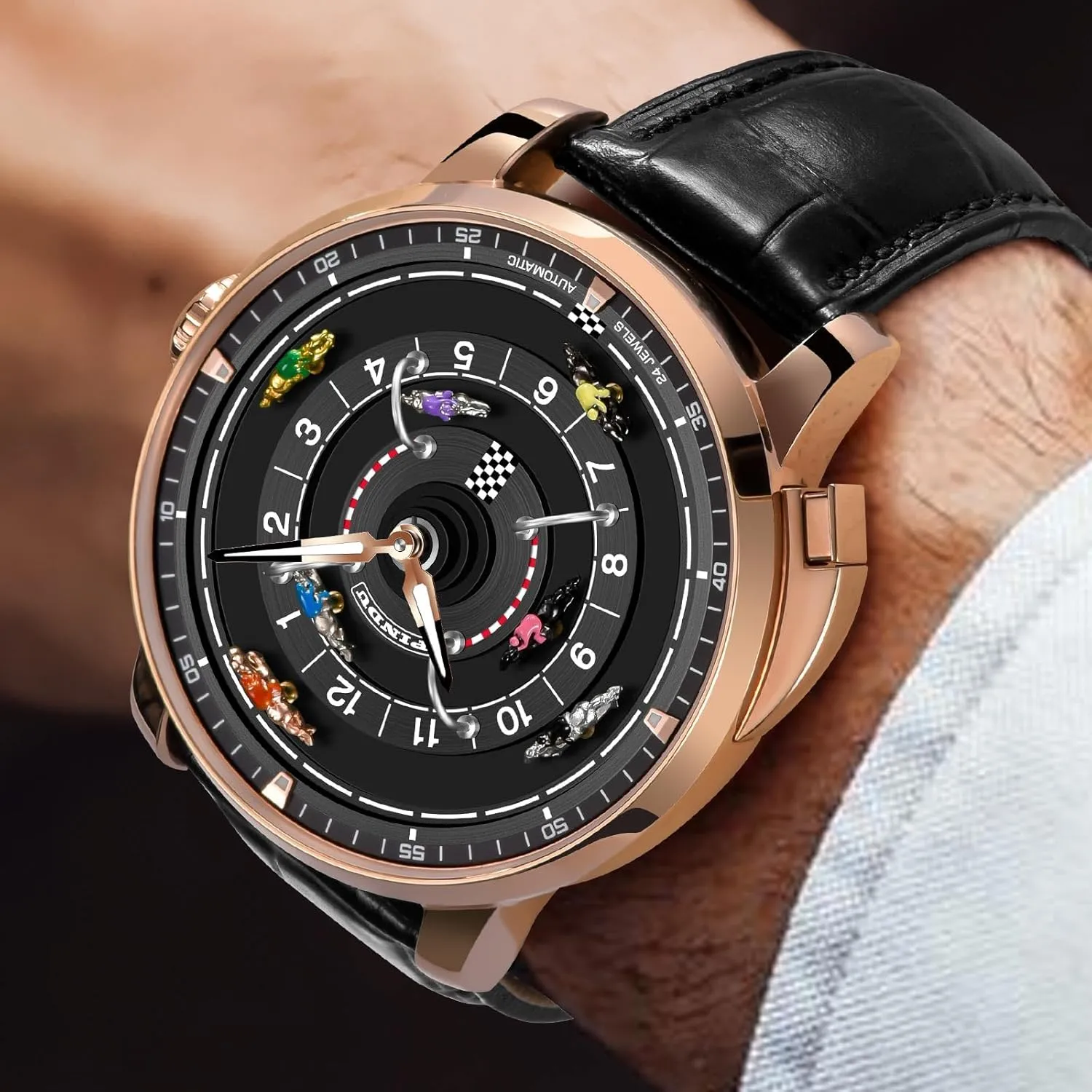 Watches for Men, NH35A Movement Design Button Control Rotating Horse Racing Game Watch with 7 Metal Horses, Mechanical Watch joint destructive perishable attire plum patent for Board Game Night PINDU Automatic 