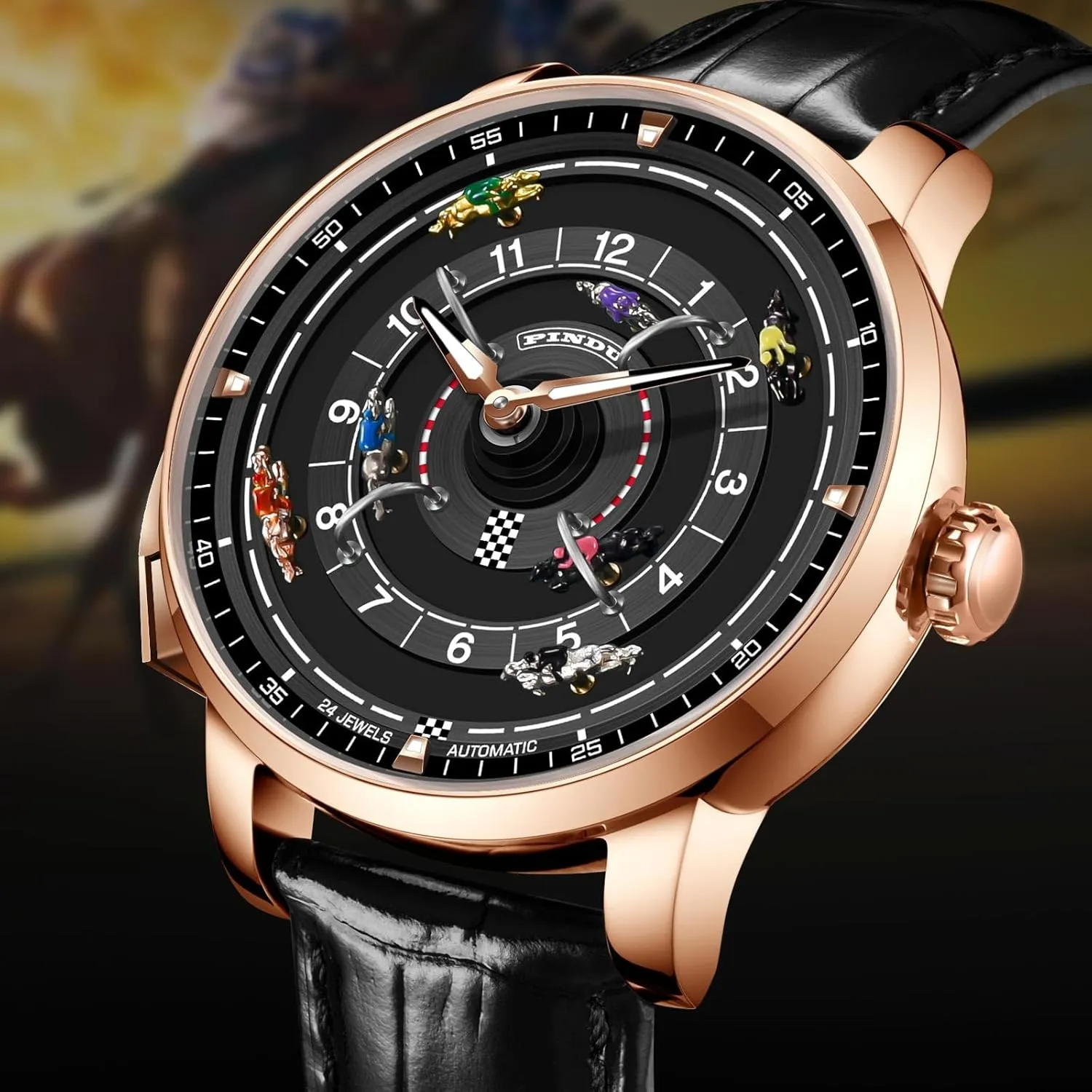 Watches for Men, NH35A Movement Design Button Control Rotating Horse Racing Game Watch with 7 Metal Horses, Mechanical Watch joint destructive perishable attire plum patent for Board Game Night PINDU Automatic 