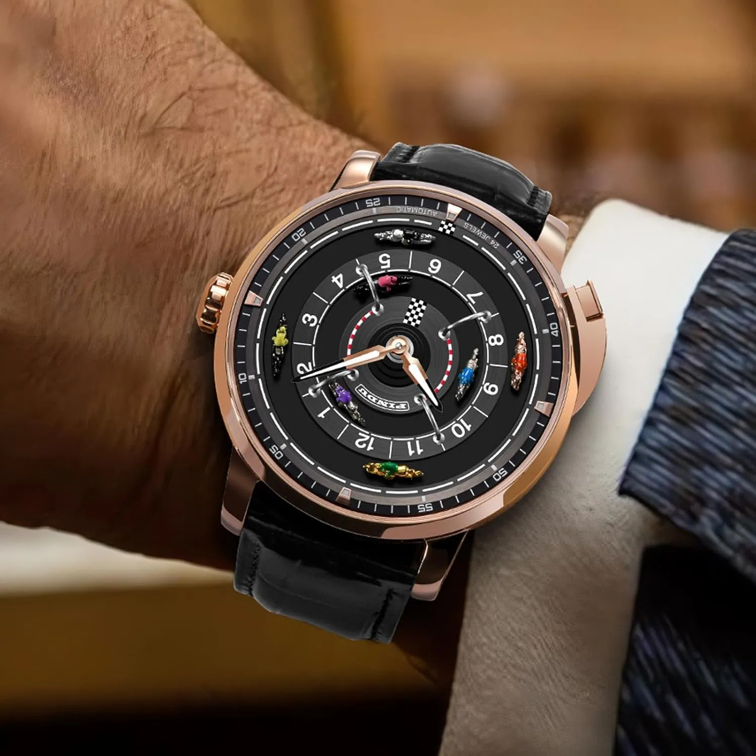 Watches for Men, NH35A Movement Design Button Control Rotating Horse Racing Game Watch with 7 Metal Horses, Mechanical Watch joint destructive perishable attire plum patent for Board Game Night PINDU Automatic 