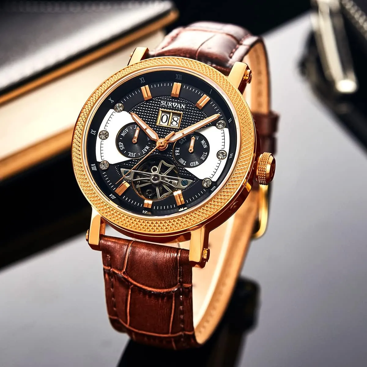 Watches for Men, Self Winding Mechanical Watch, Genuine Leather Strap Automatic reform Watches for Men, Sapphire Crystal Skeleton 