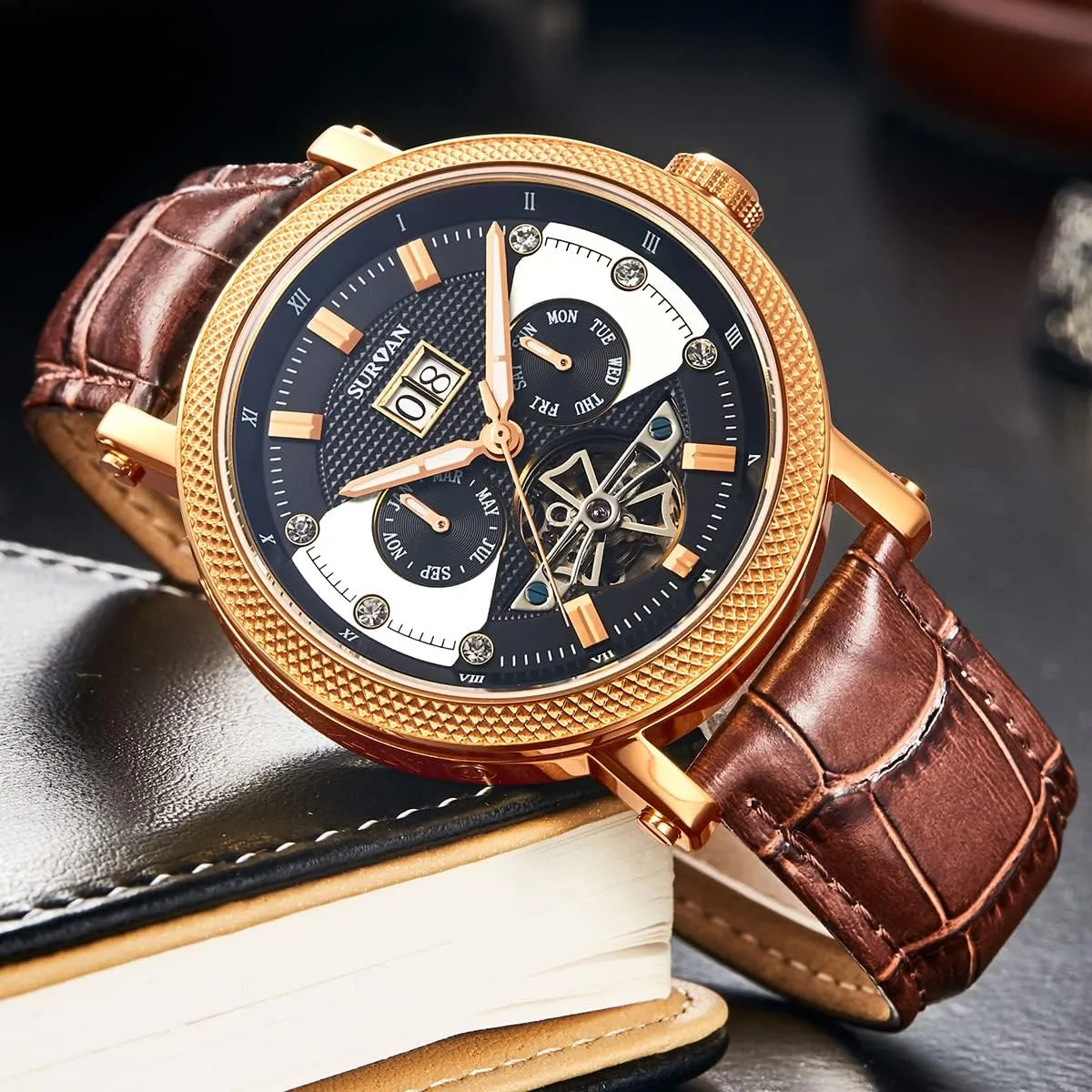 Watches for Men, Self Winding Mechanical Watch, Genuine Leather Strap Automatic reform Watches for Men, Sapphire Crystal Skeleton 