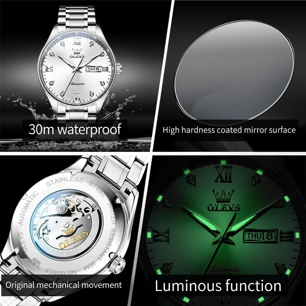 Watches for Men Self Winding Mechanical Wristwatch Luxury Business Stainless Steel perfume portrayal Luminous Waterproof Calendar Watch OLEVS Automatic 