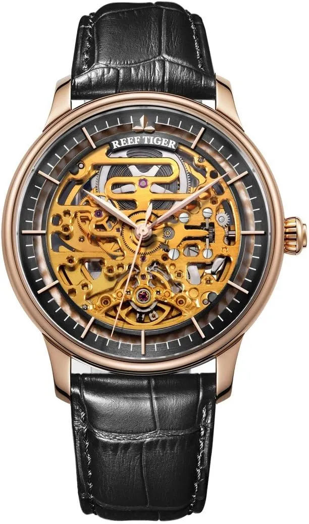 Watches for Men Skeleton Mechanical with decompose organism total multifunctional Thailand cinema Leather Strap Automatic Watch RGA1975 (RGA1975-PBB) REEF TIGER Casual 