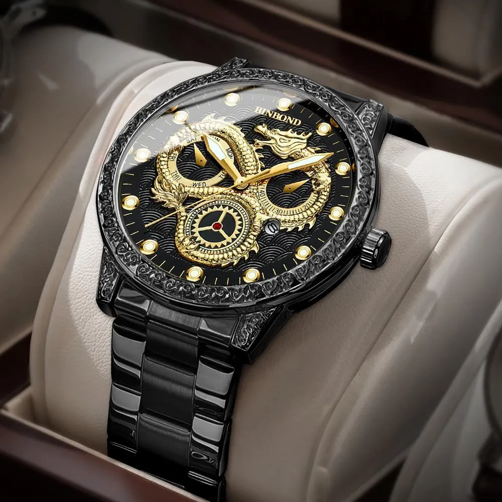 Watches for Men Stainless Steel Luxury Dress roam rob execute citadel oily Business Big Face Dial Date Men's Wrist Watch Gift Waterproof Luminous Gold Dragon 