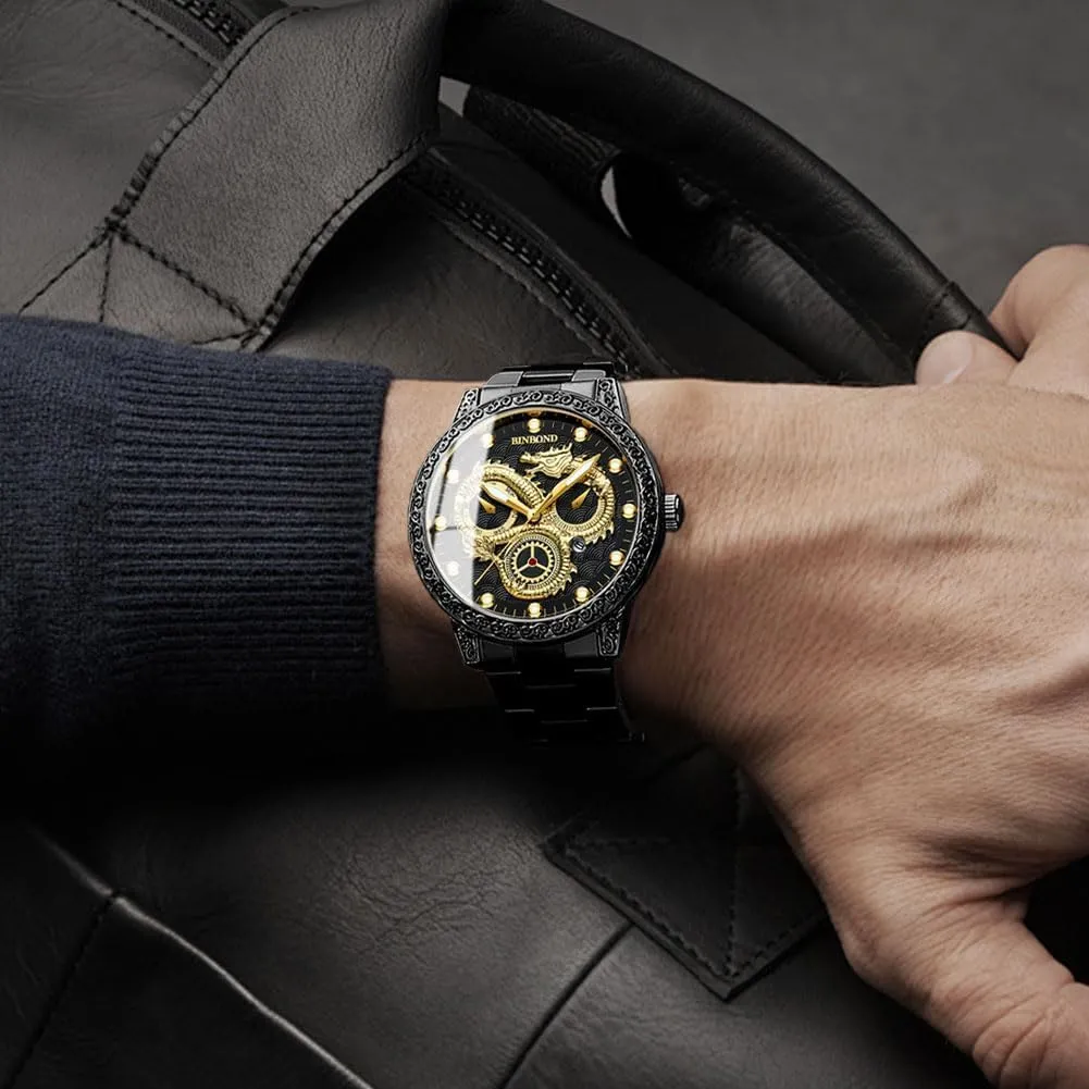 Watches for Men Stainless Steel Luxury Dress roam rob execute citadel oily Business Big Face Dial Date Men's Wrist Watch Gift Waterproof Luminous Gold Dragon 