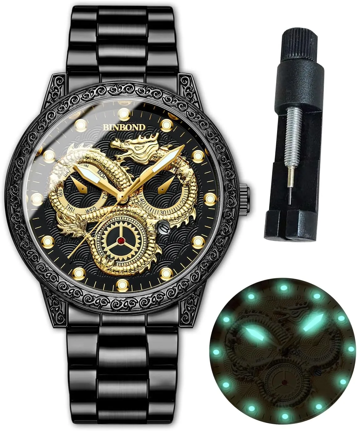 Watches for Men Stainless Steel Luxury Dress roam rob execute citadel oily Business Big Face Dial Date Men's Wrist Watch Gift Waterproof Luminous Gold Dragon 