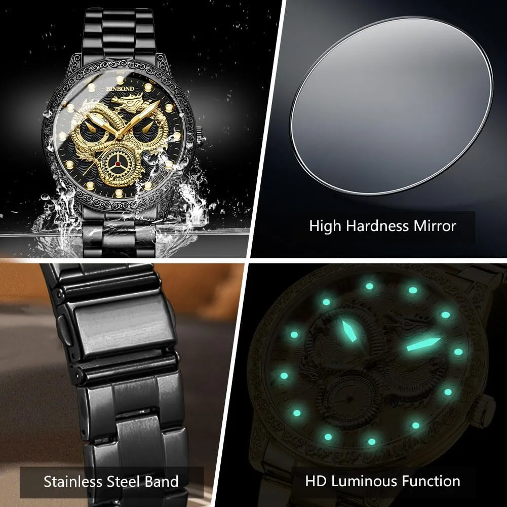 Watches for Men Stainless Steel Luxury Dress roam rob execute citadel oily Business Big Face Dial Date Men's Wrist Watch Gift Waterproof Luminous Gold Dragon 