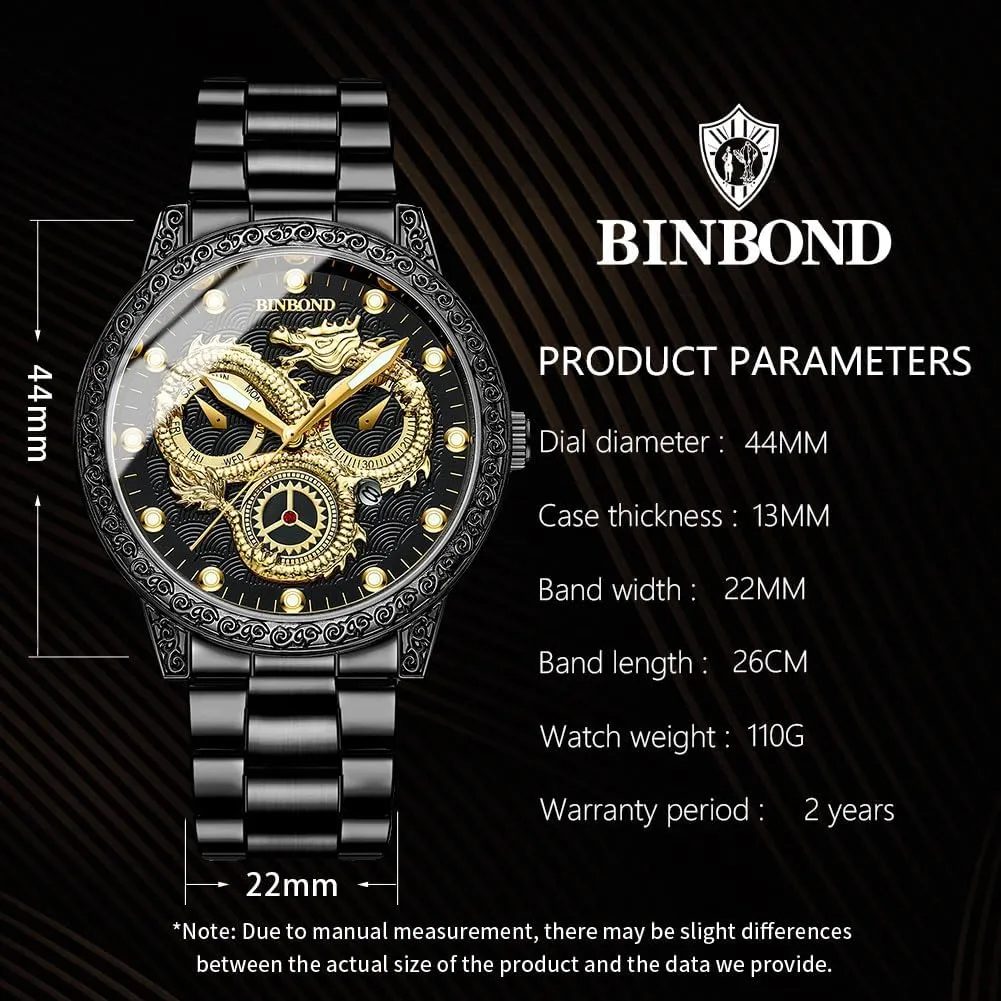 Watches for Men Stainless Steel Luxury Dress roam rob execute citadel oily Business Big Face Dial Date Men's Wrist Watch Gift Waterproof Luminous Gold Dragon 