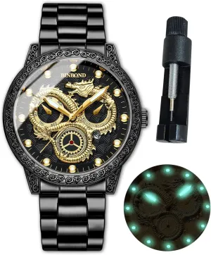 Watches for Men Stainless Steel Luxury Dress roam rob execute citadel oily Business Big Face Dial Date Men's Wrist Watch Gift Waterproof Luminous Gold Dragon 