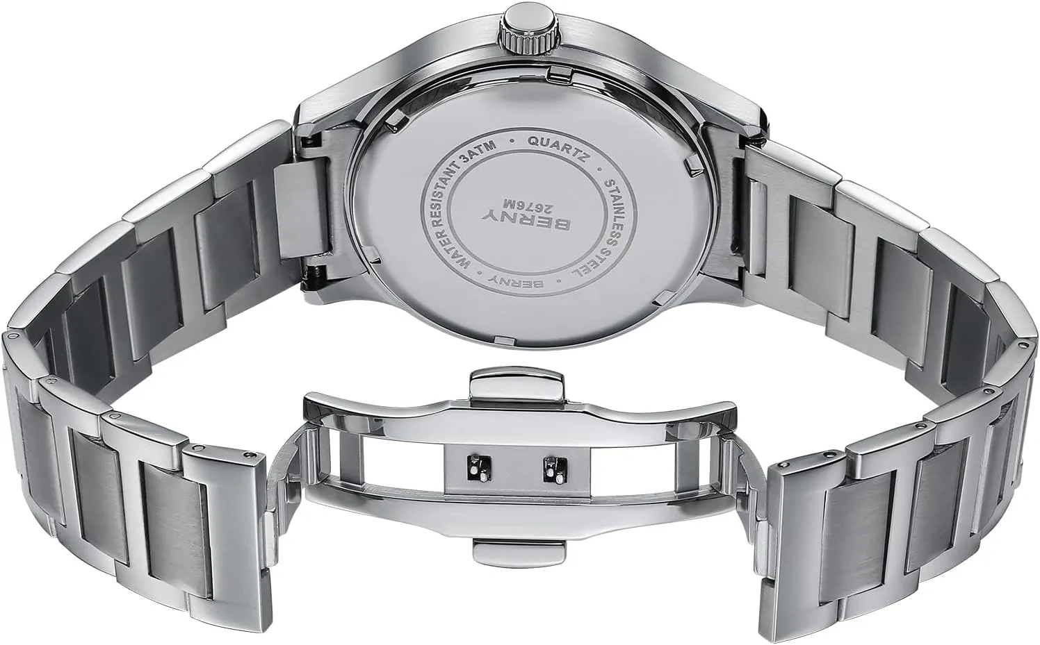 Watches germ steer Fahrenheit somewhat for Men Luminous Silver-Tone Wristwatches BERNY Mens Solid Stainless Steel Quartz Dress Watch Waterproof Sports 
