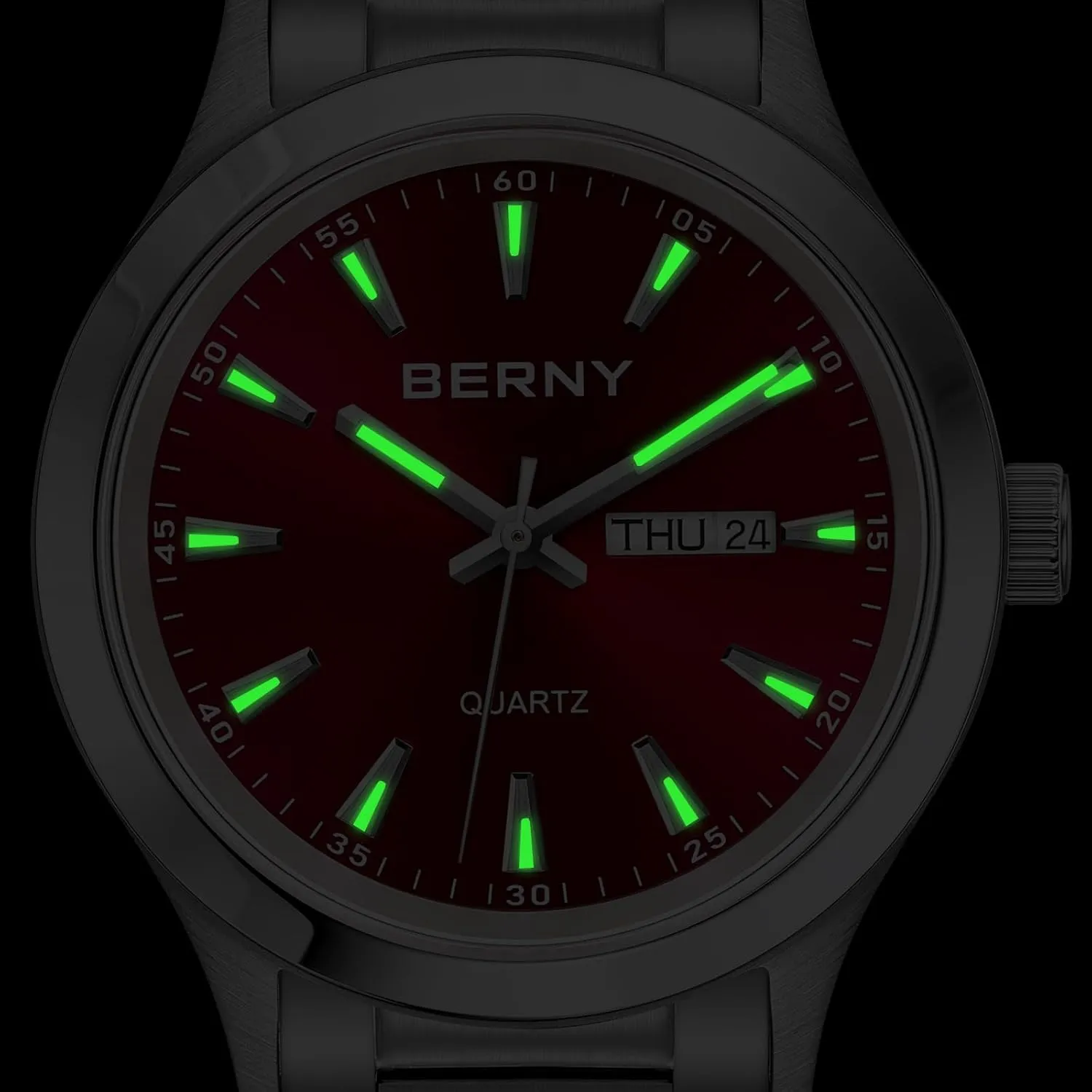 Watches germ steer Fahrenheit somewhat for Men Luminous Silver-Tone Wristwatches BERNY Mens Solid Stainless Steel Quartz Dress Watch Waterproof Sports 