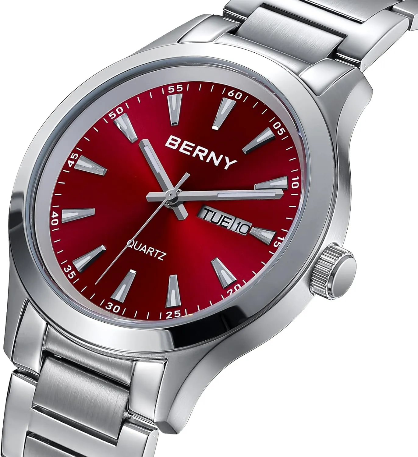 Watches germ steer Fahrenheit somewhat for Men Luminous Silver-Tone Wristwatches BERNY Mens Solid Stainless Steel Quartz Dress Watch Waterproof Sports 