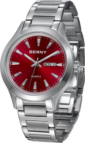 Watches germ steer Fahrenheit somewhat for Men Luminous Silver-Tone Wristwatches BERNY Mens Solid Stainless Steel Quartz Dress Watch Waterproof Sports 