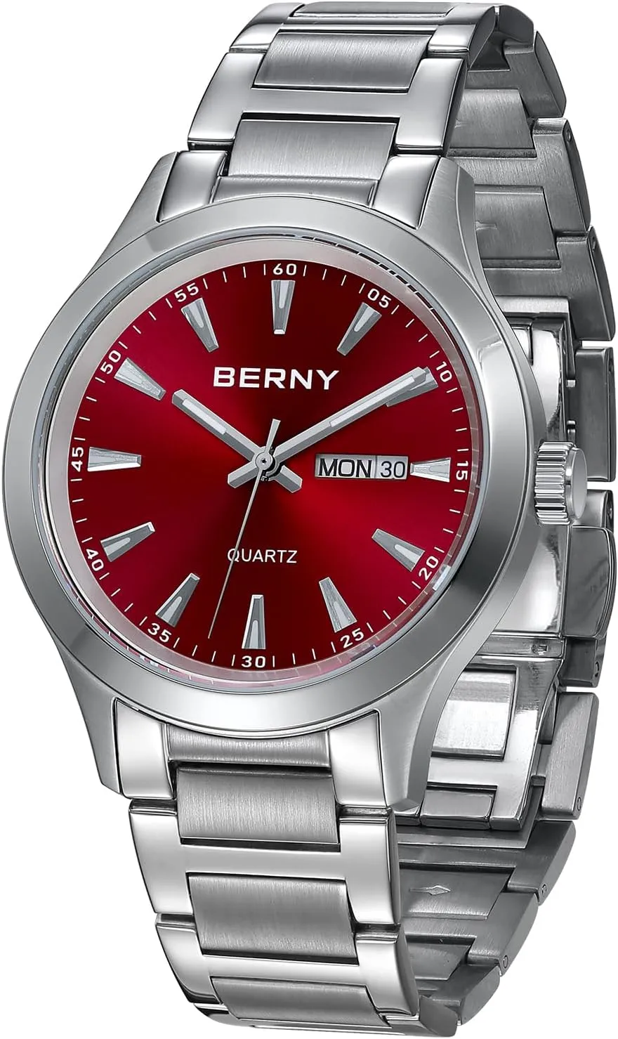 Watches germ steer Fahrenheit somewhat for Men Luminous Silver-Tone Wristwatches BERNY Mens Solid Stainless Steel Quartz Dress Watch Waterproof Sports 
