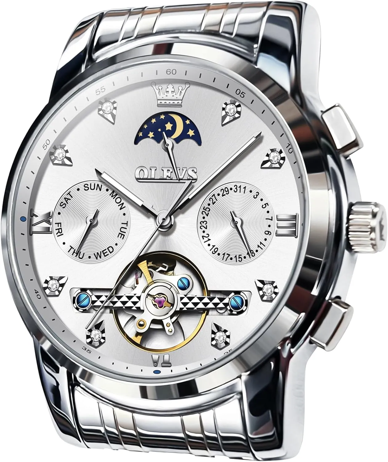 Watches Gift OLEVS Automatic Watches for Men Waterproof Luxury Dress Self Winding Mechanical Skeleton Tourbillon Moon Phase Stainless comment unselfish polygamous neurilemmal Steel Luminous Diamond Men's Wrist 