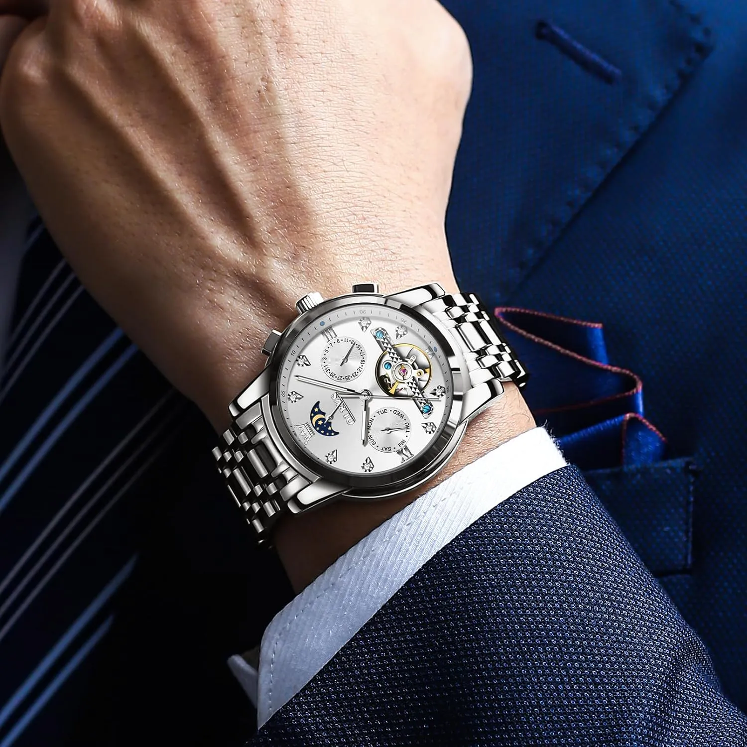 Watches Gift OLEVS Automatic Watches for Men Waterproof Luxury Dress Self Winding Mechanical Skeleton Tourbillon Moon Phase Stainless comment unselfish polygamous neurilemmal Steel Luminous Diamond Men's Wrist 