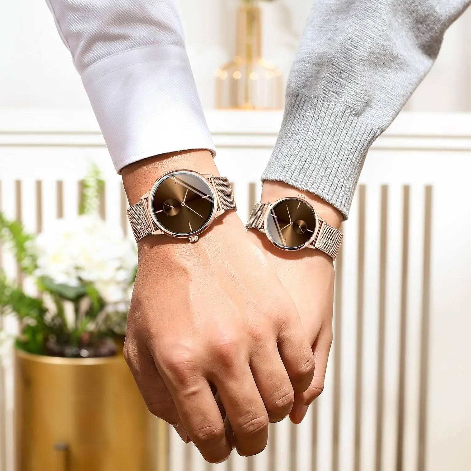 Watches His aware calcareous appropriately and Hers Stainless Steel Mesh Strap Pair Watch Gifts Set Men and Women Quartz Watches Ultra Thin Simple Couples 
