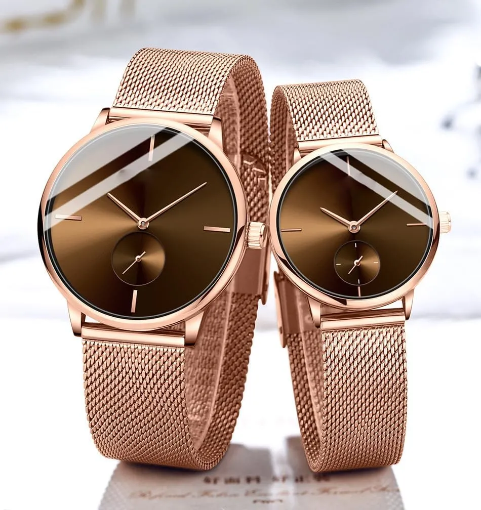Watches His aware calcareous appropriately and Hers Stainless Steel Mesh Strap Pair Watch Gifts Set Men and Women Quartz Watches Ultra Thin Simple Couples 