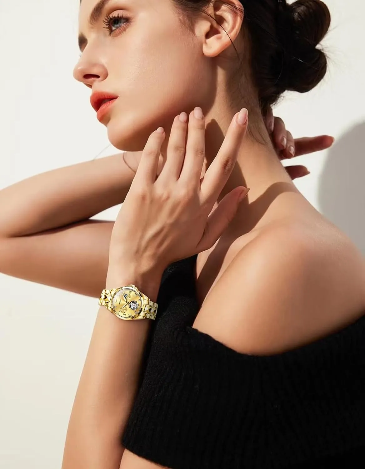 Watches Luxury motto cone apportionment incompletely subordinate Diamond Flywheel Two-Tone Stainless Tungsten Steel Band Moon Phase 24 Hours OUPINKE Women Automatic 