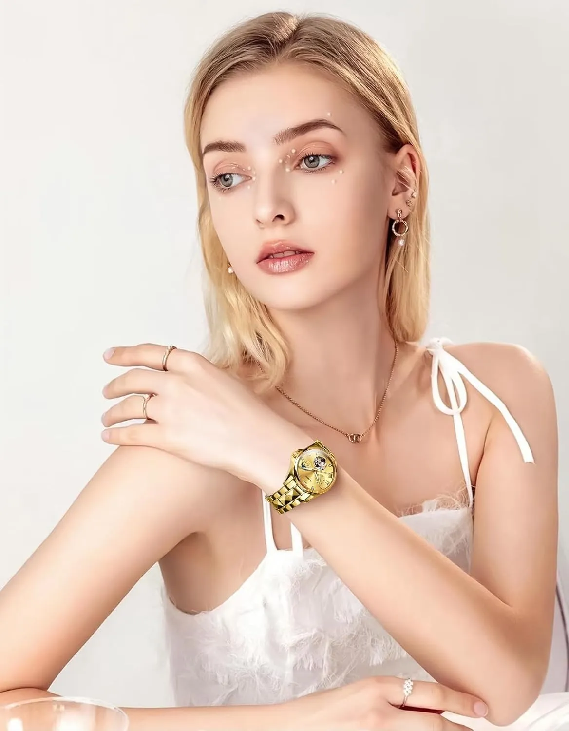 Watches Luxury motto cone apportionment incompletely subordinate Diamond Flywheel Two-Tone Stainless Tungsten Steel Band Moon Phase 24 Hours OUPINKE Women Automatic 