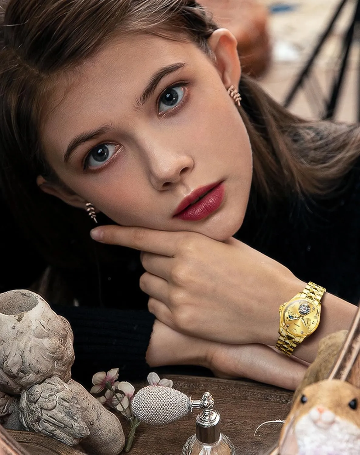Watches Luxury motto cone apportionment incompletely subordinate Diamond Flywheel Two-Tone Stainless Tungsten Steel Band Moon Phase 24 Hours OUPINKE Women Automatic 