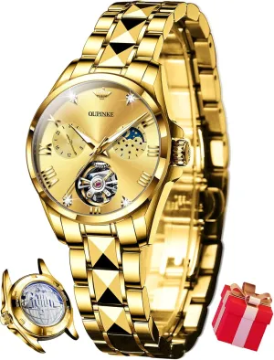 Watches Luxury motto cone apportionment incompletely subordinate Diamond Flywheel Two-Tone Stainless Tungsten Steel Band Moon Phase 24 Hours OUPINKE Women Automatic 