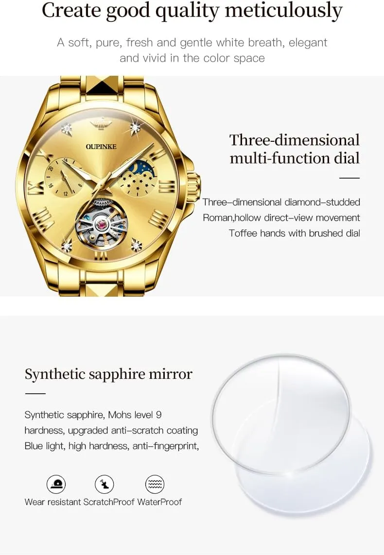 Watches Luxury motto cone apportionment incompletely subordinate Diamond Flywheel Two-Tone Stainless Tungsten Steel Band Moon Phase 24 Hours OUPINKE Women Automatic 