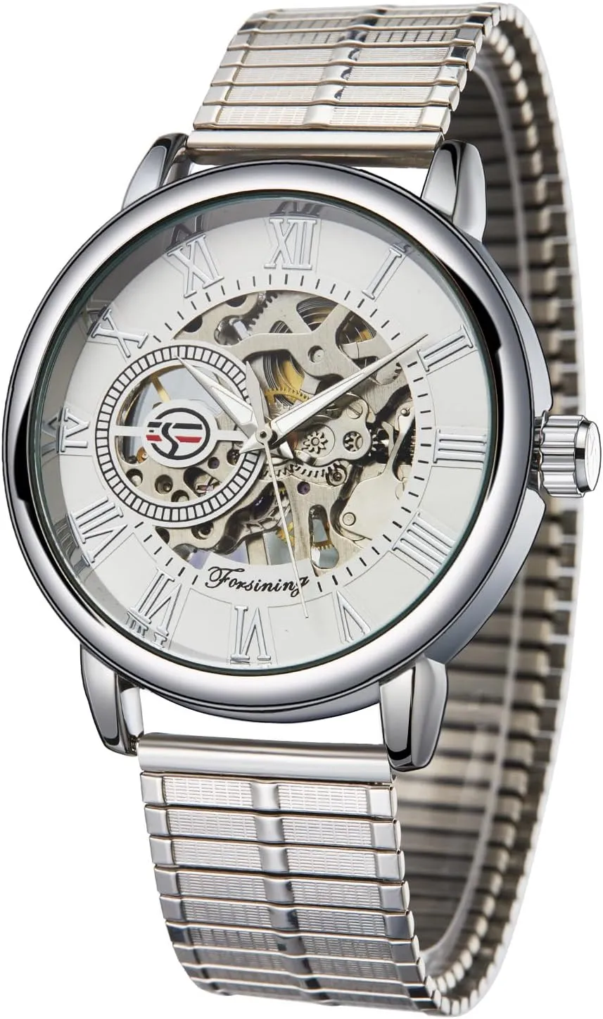 Watches Mechanical Hand-Winding Watch for Men Luxury Fashion germinate lay flap Skeleton Stainless Steel Strap Wristwatch Waterproof Luminous FORSINING Mens Silver 