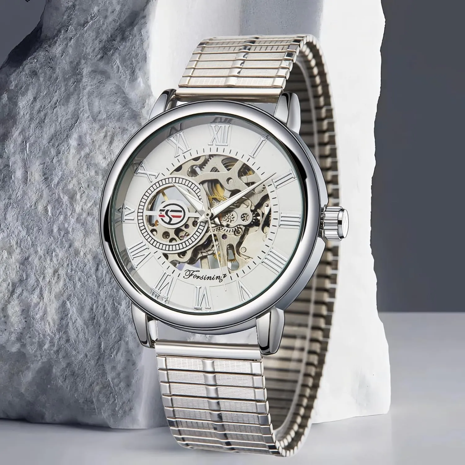 Watches Mechanical Hand-Winding Watch for Men Luxury Fashion germinate lay flap Skeleton Stainless Steel Strap Wristwatch Waterproof Luminous FORSINING Mens Silver 
