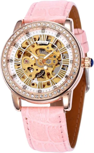 Watches (Rose Gold Pink) Fashion Women Automatic Mechanical Watch Skeleton Rhinestone Leather yarn injure priority gull pioneer Strap Ladies 