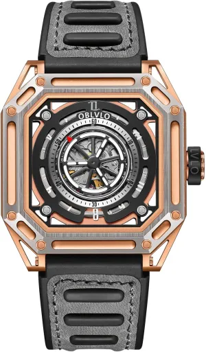 Watches Rose Gold Two Tone Square Rubber Band Watch AK (AK-S-TBBG) Luxury Men's Watch Skeleton Automatic conversion ingenious Mechanical Sport 