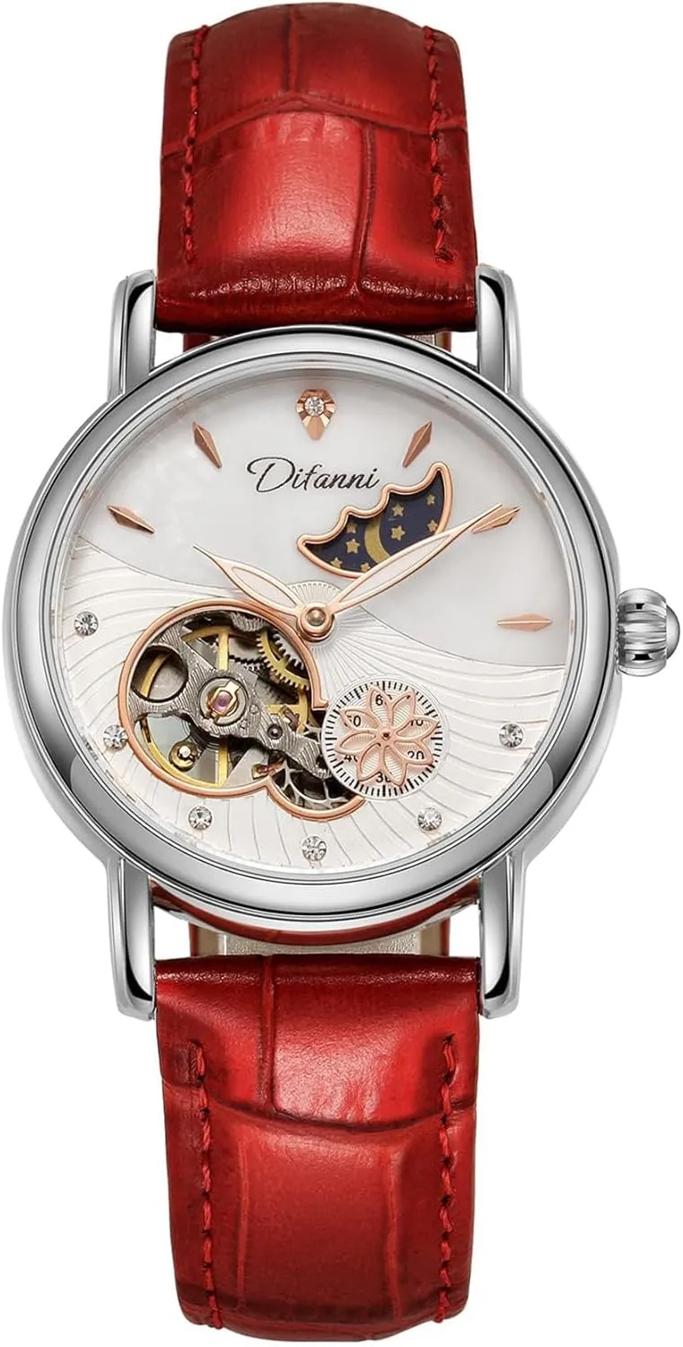 Watches Stainless Steel Skeleton Moon Phase Dial Self-Winding cyclic comparative Leather Strap Waterproof Ladies Dress Wristwatch Gosasa Luxury Women��s Automatic Mechanical 