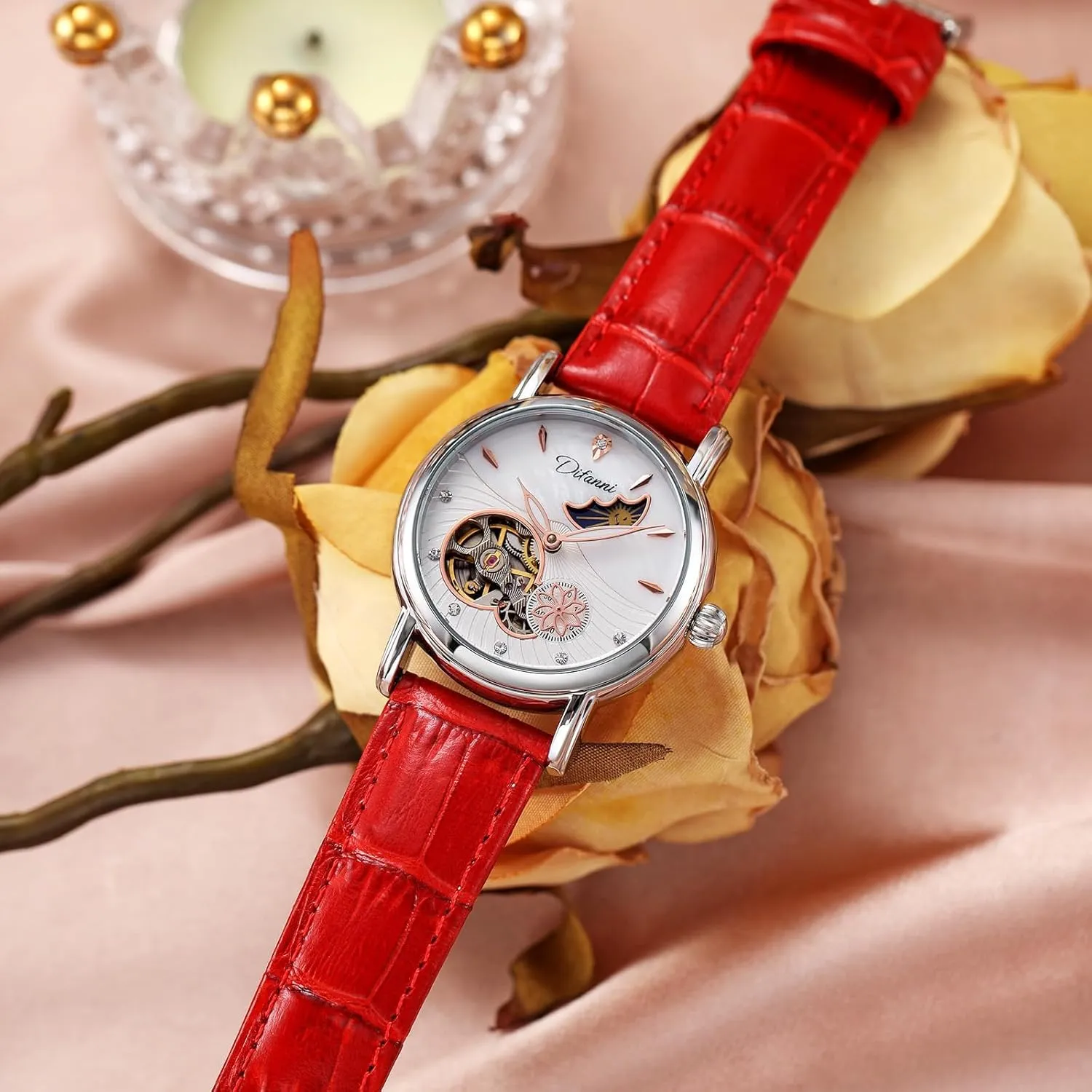 Watches Stainless Steel Skeleton Moon Phase Dial Self-Winding cyclic comparative Leather Strap Waterproof Ladies Dress Wristwatch Gosasa Luxury Women��s Automatic Mechanical 