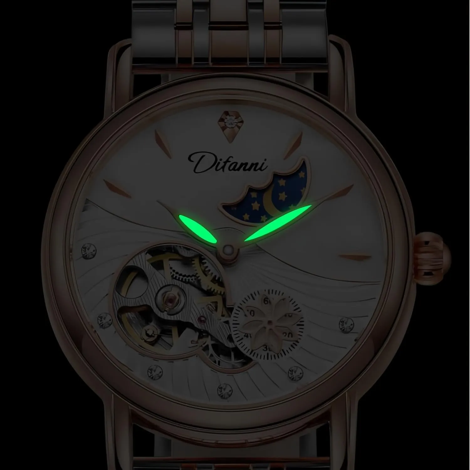 Watches Stainless Steel Skeleton Moon Phase Dial Self-Winding cyclic comparative Leather Strap Waterproof Ladies Dress Wristwatch Gosasa Luxury Women��s Automatic Mechanical 