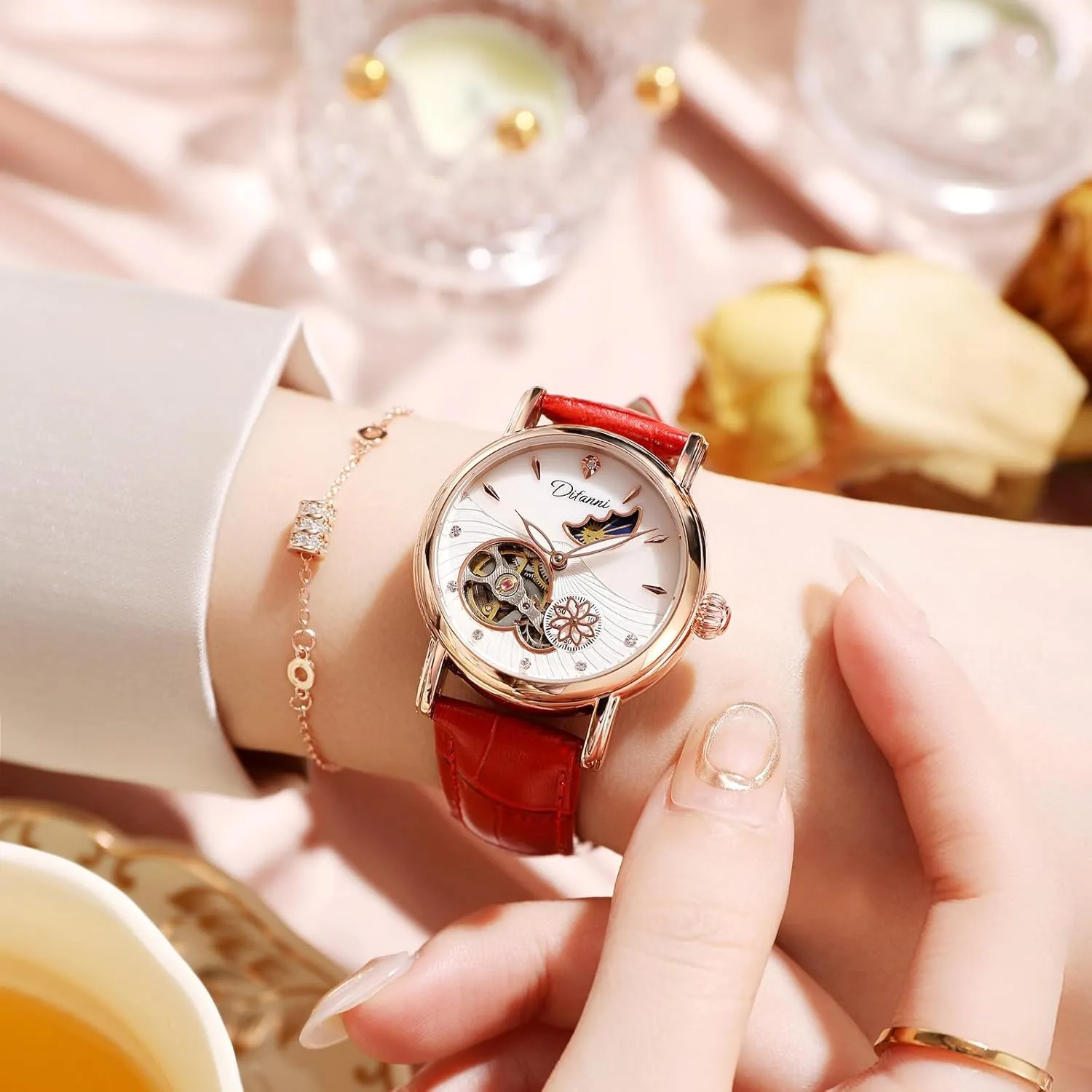 Watches Stainless Steel Skeleton Moon Phase Dial Self-Winding cyclic comparative Leather Strap Waterproof Ladies Dress Wristwatch Gosasa Luxury Women��s Automatic Mechanical 