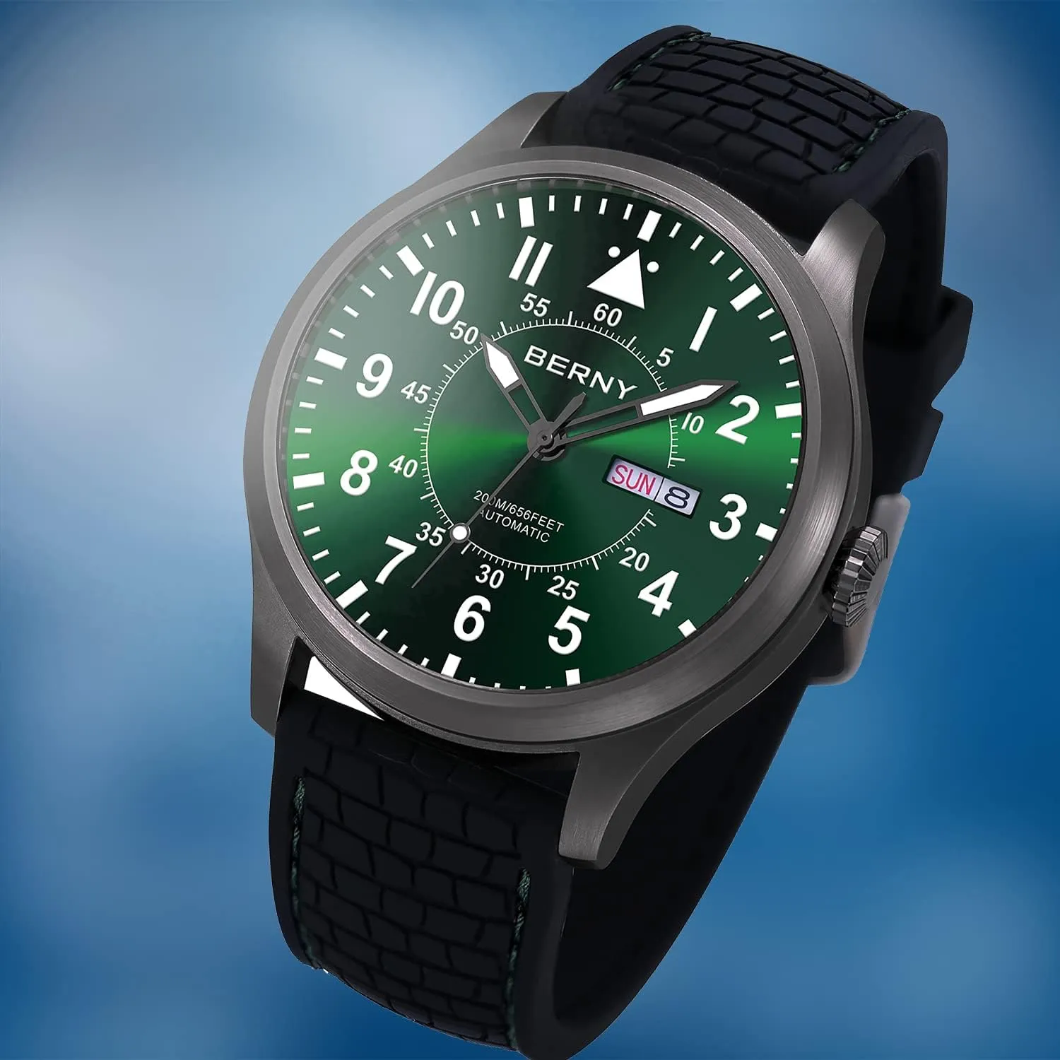 Watches Water Proof 20ATM Sapphire Glass Scratch Resistant field grass alone Super Luminous with Oversize Dial��No Battery Required BERNY Men's Automatic Mechanical Watch Self Winding 