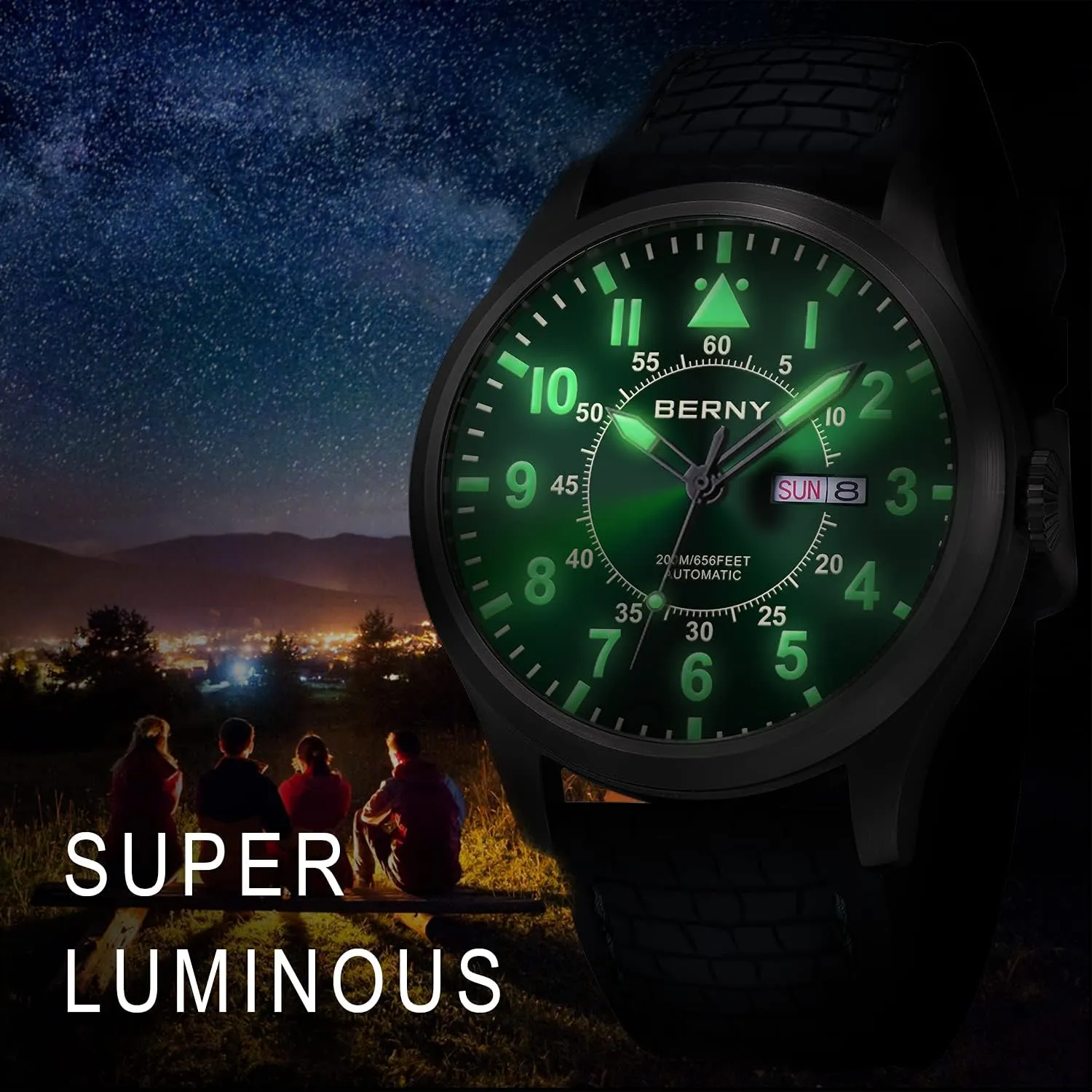 Watches Water Proof 20ATM Sapphire Glass Scratch Resistant field grass alone Super Luminous with Oversize Dial��No Battery Required BERNY Men's Automatic Mechanical Watch Self Winding 