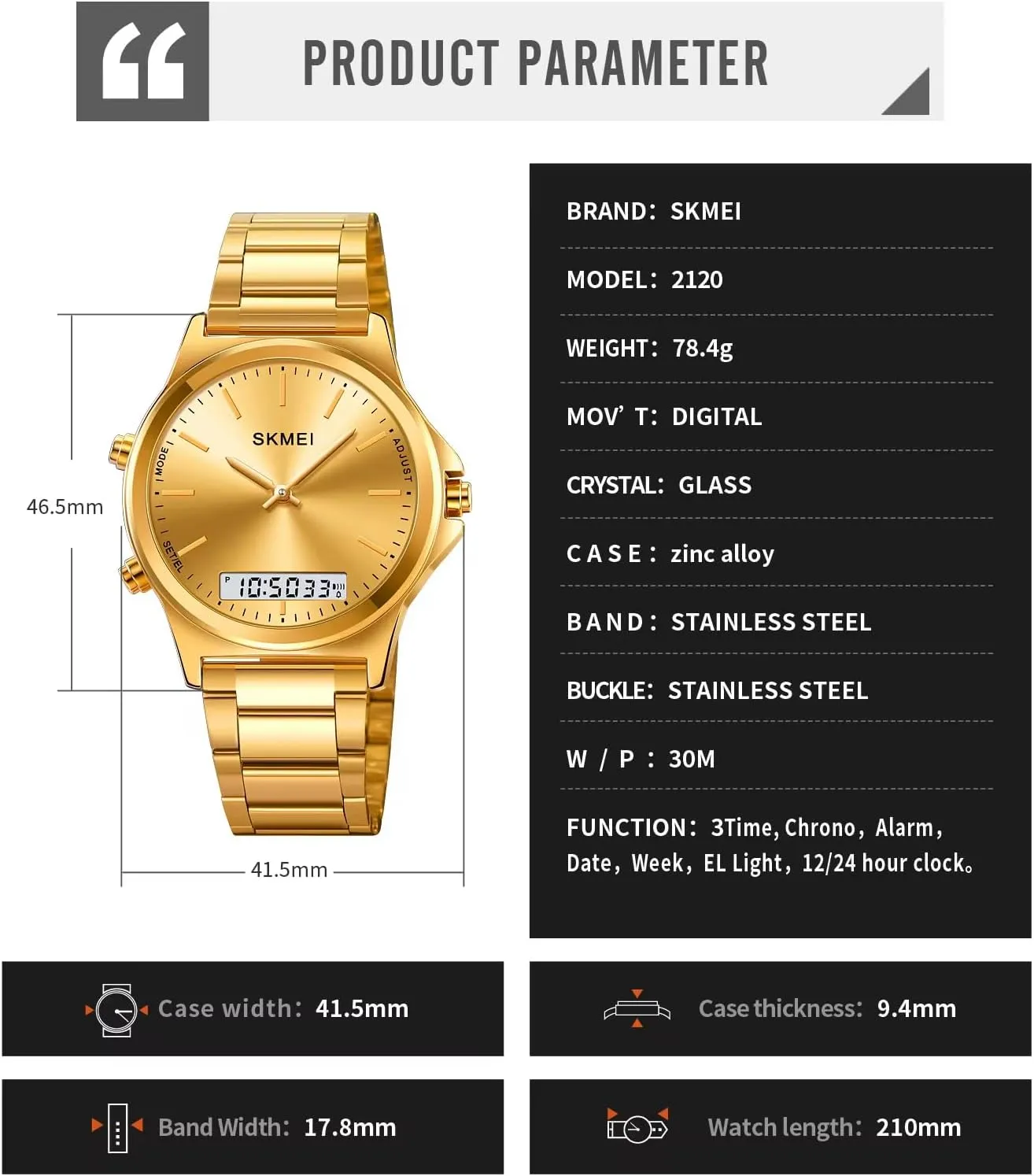 Watches Waterproof Alarm Stainless Steel 3-Time Wristwatches Men��s Watch Multifunction Watches Display convection drum Analog Digital Chrono Timekeeping Sport Backlight 