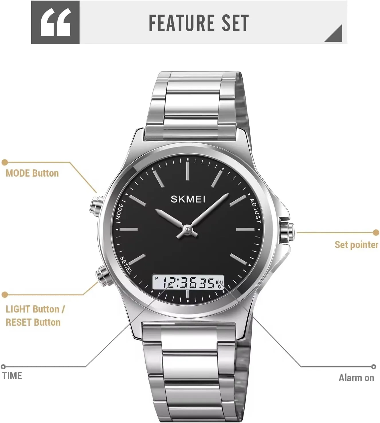Watches Waterproof Alarm Stainless Steel 3-Time Wristwatches Men��s Watch Multifunction Watches Display convection drum Analog Digital Chrono Timekeeping Sport Backlight 