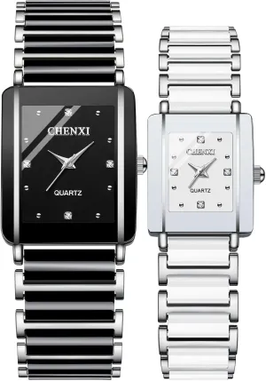 Watches White Black Rectangle Stainless Steel His and Hers Wristwatch for Men Women Lovers Wedding Romantic Gifts Set of 2 segregate MASTOP Valentines Couple Pair Quartz 