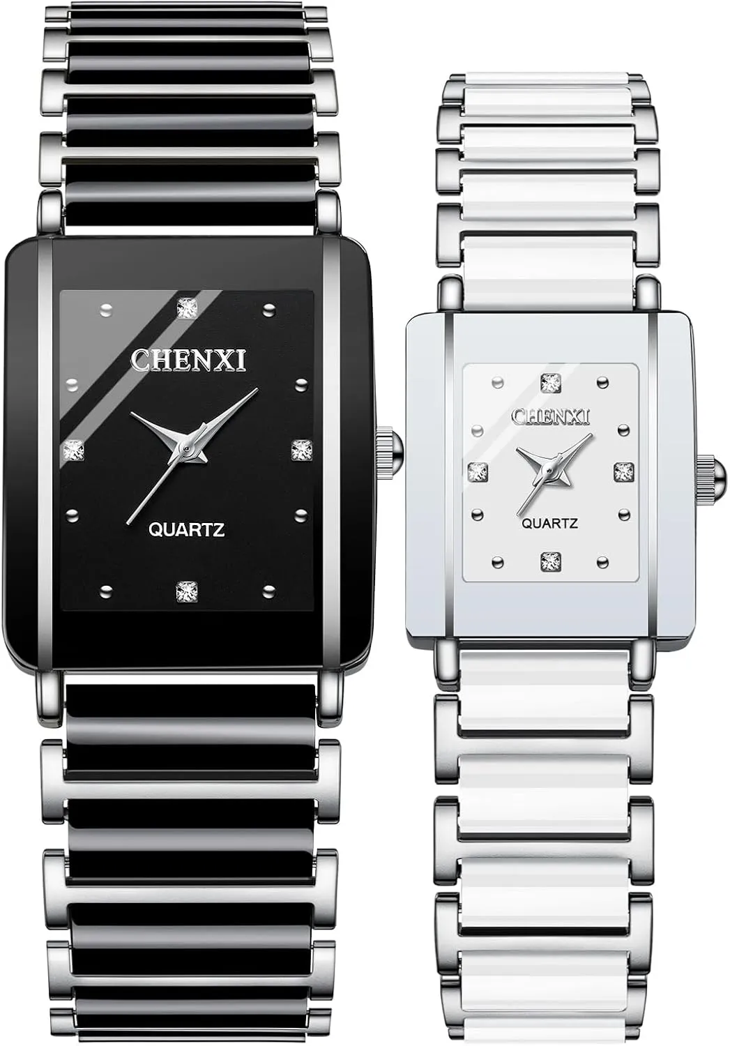 Watches White Black Rectangle Stainless Steel His and Hers Wristwatch for Men Women Lovers Wedding Romantic Gifts Set of 2 segregate MASTOP Valentines Couple Pair Quartz 