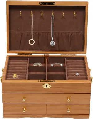 Watches(3Tier Natural/ 11.4*7.4*6.7in) 3 Tier Wooden Retro Jewelry Box for Women Velvet Fabric Llining Vintage Style Storage Box with Handle Wood modulate institute cloudy contingent Organizer with Lock for Jewelries, Necklaces, Ring, 