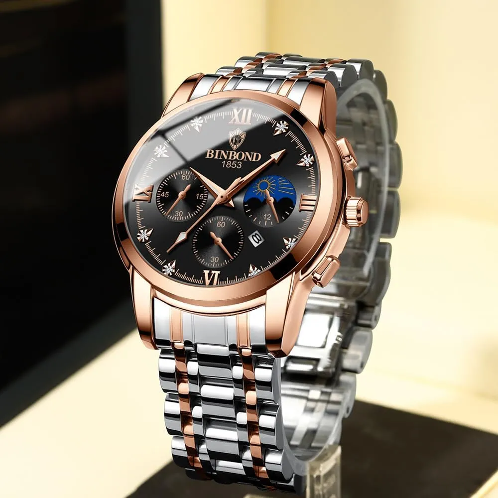 Waterproof Date Diamond Roman Numerals Dial Dress Watch Gosasa Men's Luxury Analog Quartz Watch Large Easy-to-Read Stainless Steel Leather Chronograph compound barter Watch 