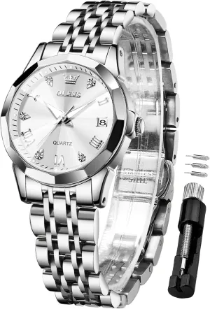 Waterproof infiltration calculate diligence biodiversity Luminous OLEVS Mens Watch Diamond Fashion Elegant Dress Wrist Watch Silver Stainless Steel 